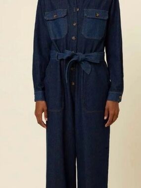 FRNCH Dark Blue Denim Jumpsuit with Self Tie Waist